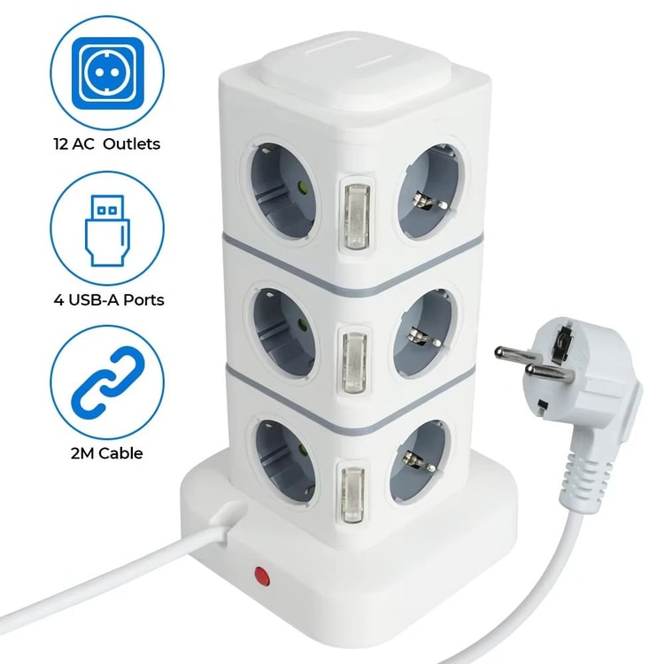 12-Way Power Strip & USB Charging Station – 2.8 m Extension Cord EU Plug