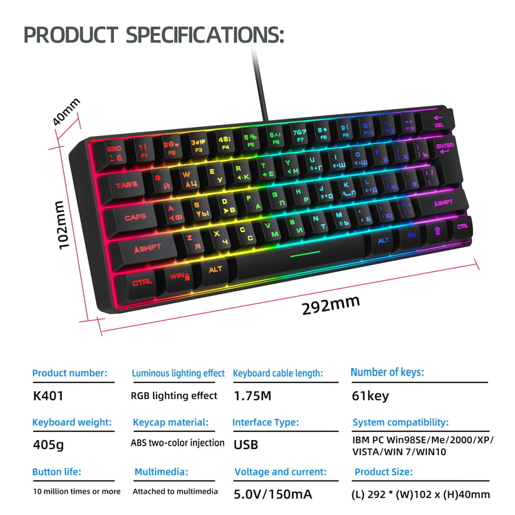 Gaming Keyboard RGB Backlit Key Compact Mechanical Feel Waterproof Keyboard